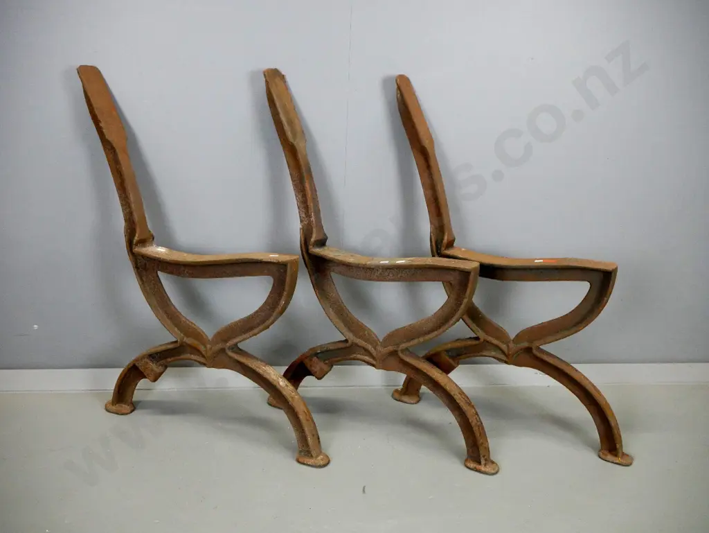set of 3 cast iron seat ends - note says cast at NZR Hillside workshops circa 1930s, in as-cast condition H-740 D-460 Image 1++