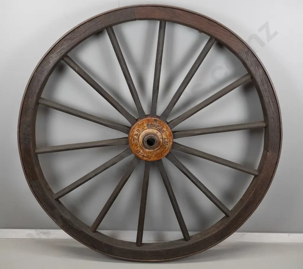 large timber and metal cart wheel with cast iron hub stamped P & D Duncan (Christchurch) D-1230 Image 1++