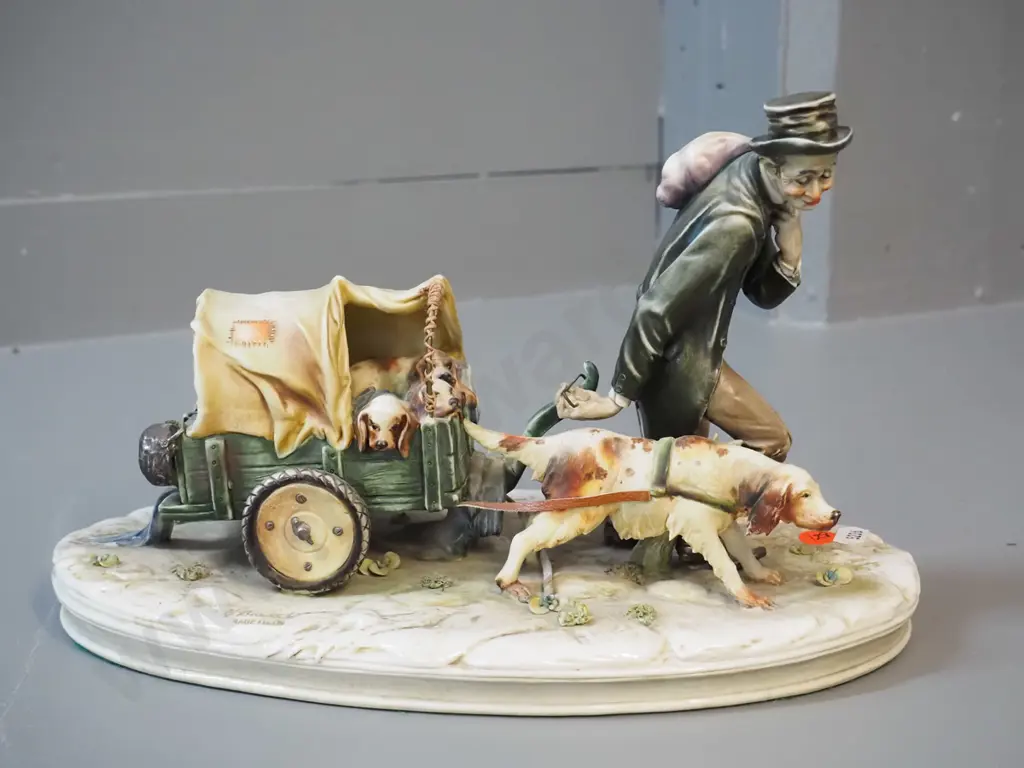 "A. Borsato" Italian porcelain figurine - man with dog cart and puppy H-200 L-300 Image 1++