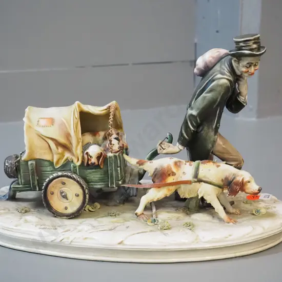 "A. Borsato" Italian porcelain figurine - man with dog cart and puppy H-200 L-300