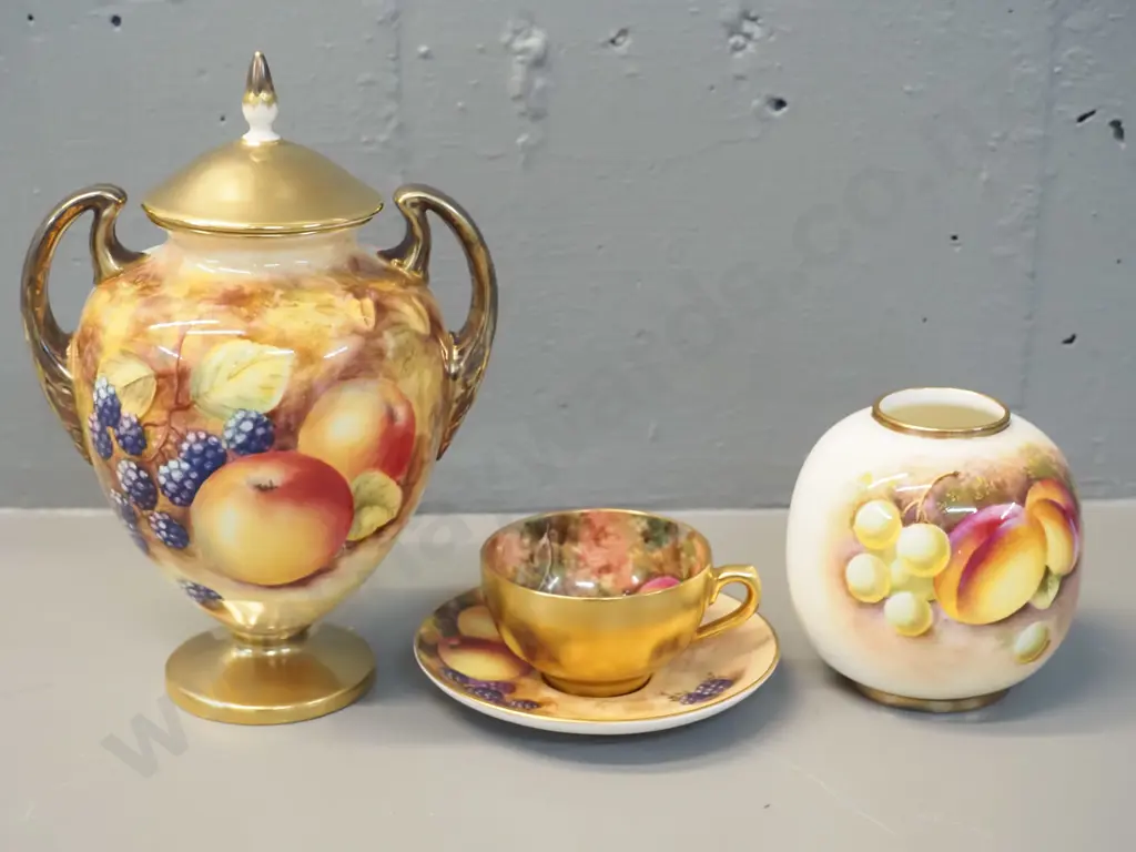 3 pieces Royal Worcester fruit pattern china - vase, hand painted miniature cup & saucer & cover pot signed S. Weston Image 1++