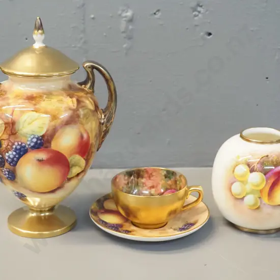3 pieces Royal Worcester fruit pattern china - vase, hand painted miniature cup & saucer & cover pot signed S. Weston
