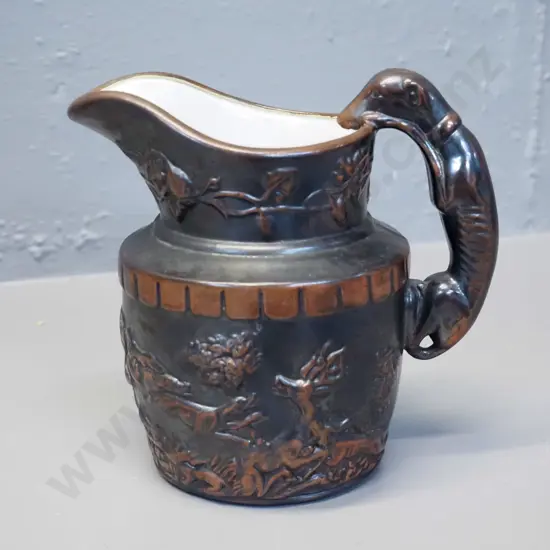 copper glaze relief pattern jug with dog handle H-140 W-150