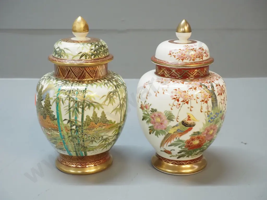 2 Japanese Satsuma lidded urns / cover pots - H-185 Image 1++