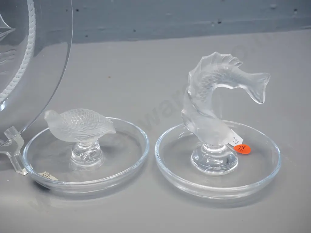 3 pieces of Lalique glass - relief pattern sailing ship plate D-220 and 2 animal motif pin dishes - fish and quail Image 1++