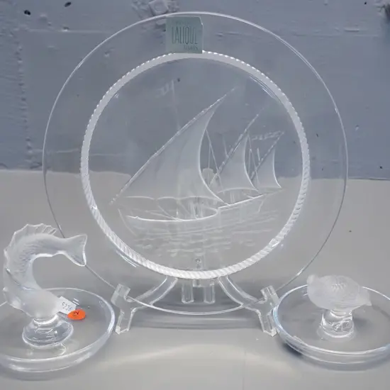 3 pieces of Lalique glass - relief pattern sailing ship plate D-220 and 2 animal motif pin dishes - fish and quail