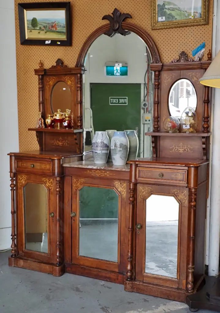large ornate Victorian walnut sideboard w/ marquetry, carved back, 3 mirrored doors, 2 drawers, loose marble Image 1++