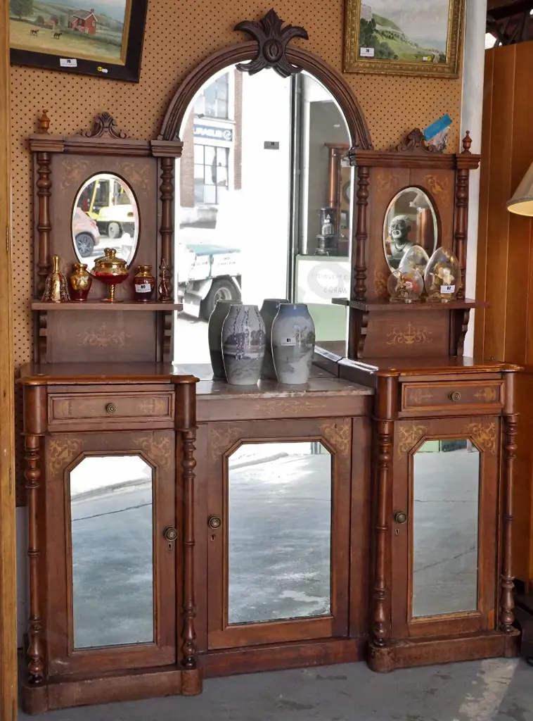 large ornate Victorian walnut sideboard w/ marquetry, carved back, 3 mirrored doors, 2 drawers, loose marble Image 1++