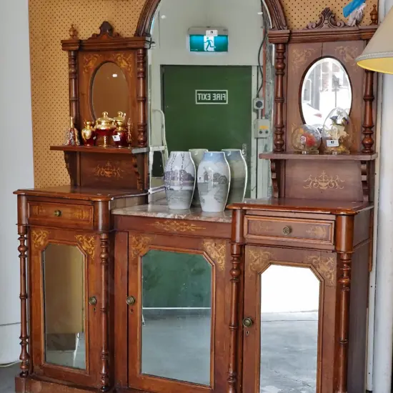 large ornate Victorian walnut sideboard w/ marquetry, carved back, 3 mirrored doors, 2 drawers, loose marble