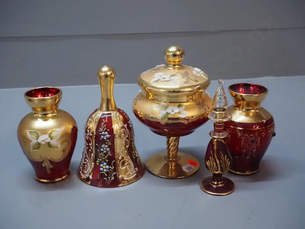 5 pieces of red Venetian glass - footed cover pot H-160, stoppered scent bottle, 2 vases and a bell Image 1++