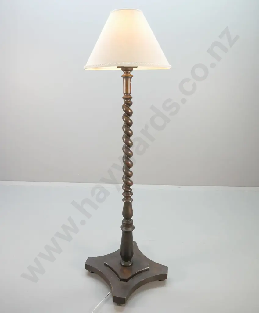 vintage large oak Jacobean twist standard lamp w/cream fabric shade - some marks to polish H1700 Shade D-510 Image 1++