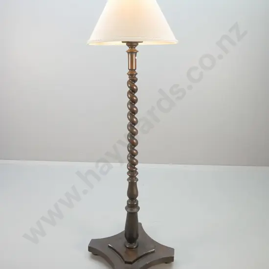 vintage large oak Jacobean twist standard lamp w/cream fabric shade - some marks to polish H1700 Shade D-510