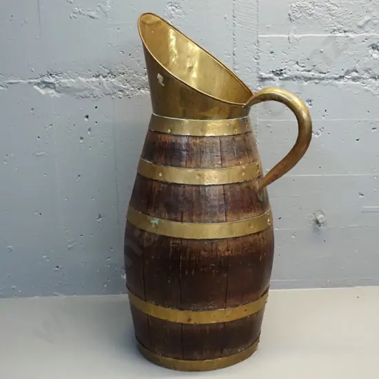 large barrel-style pitcher with brass top, handle and hoops - some holes in base H-690