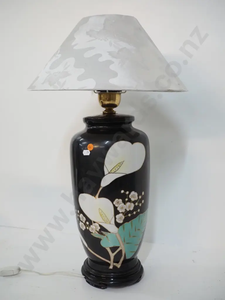 asian ceramic arum lily motif table lamp with timber base H-600 Shade D-350 Image 1++