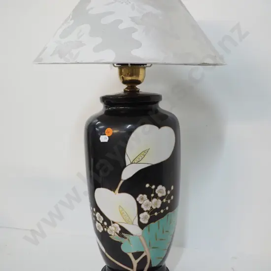 asian ceramic arum lily motif table lamp with timber base H-600 Shade D-350