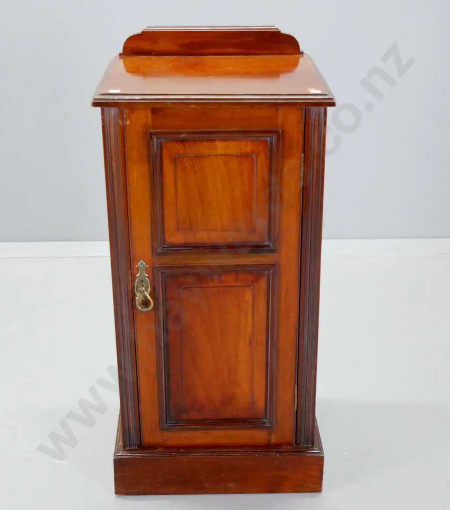 antique mahogany tall bedside cabinet with panelled door, internal shelf, brass drop handle H-820 W-385 D-340 Image 1++