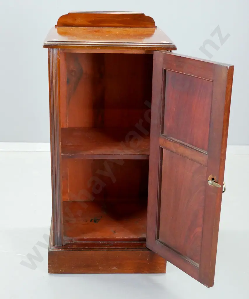 antique mahogany tall bedside cabinet with panelled door, internal shelf, brass drop handle H-820 W-385 D-340 Image 1++