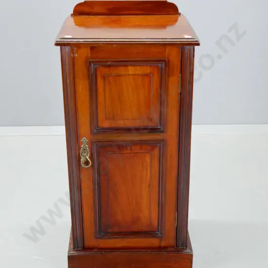 antique mahogany tall bedside cabinet with panelled door, internal shelf, brass drop handle H-820 W-385 D-340