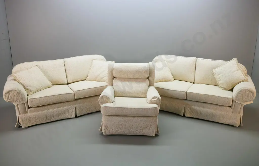 3-piece Moran of Melbourne lounge suite with 2 chesterfield style settees & high back half-wing armchair in cream damask Image 1++