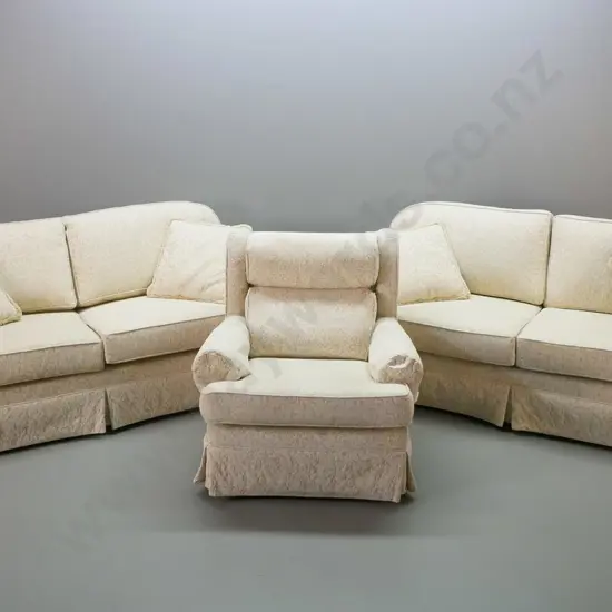 3-piece Moran of Melbourne lounge suite with 2 chesterfield style settees & high back half-wing armchair in cream damask