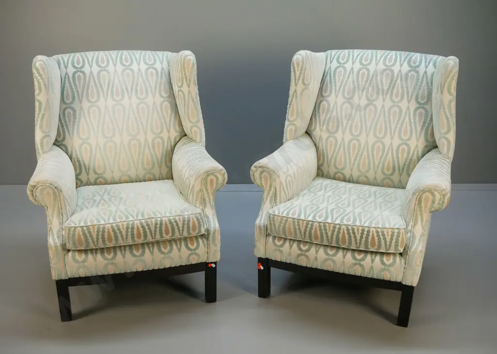pair of wing-back chesterfield style lounge chairs covered in embossed velvet, a few minor stains H-1030 W-830 D-700 Image 1++