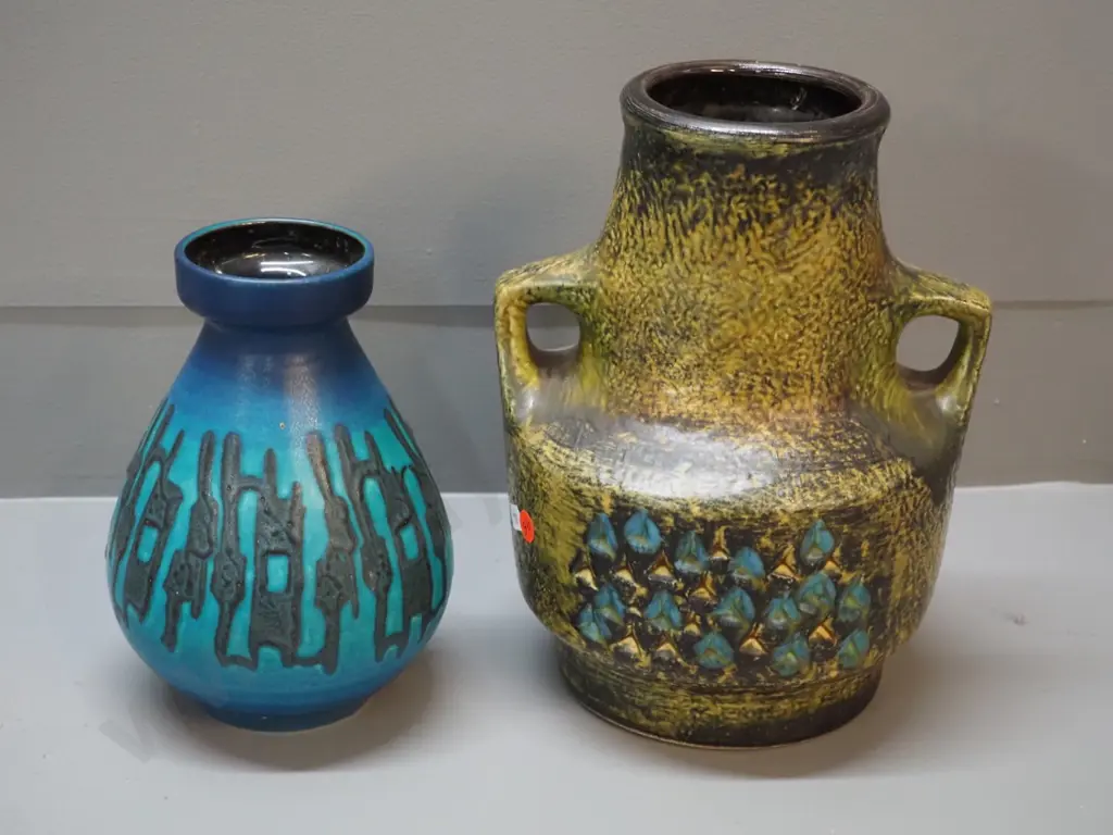 2 German pottery vases - large handled one has glaze chip, other small manufacturing faults. Larger one H-270 W-210 Image 1++