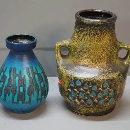 2 German pottery vases - large handled one has glaze chip, other small manufacturing faults. Larger one H-270 W-210