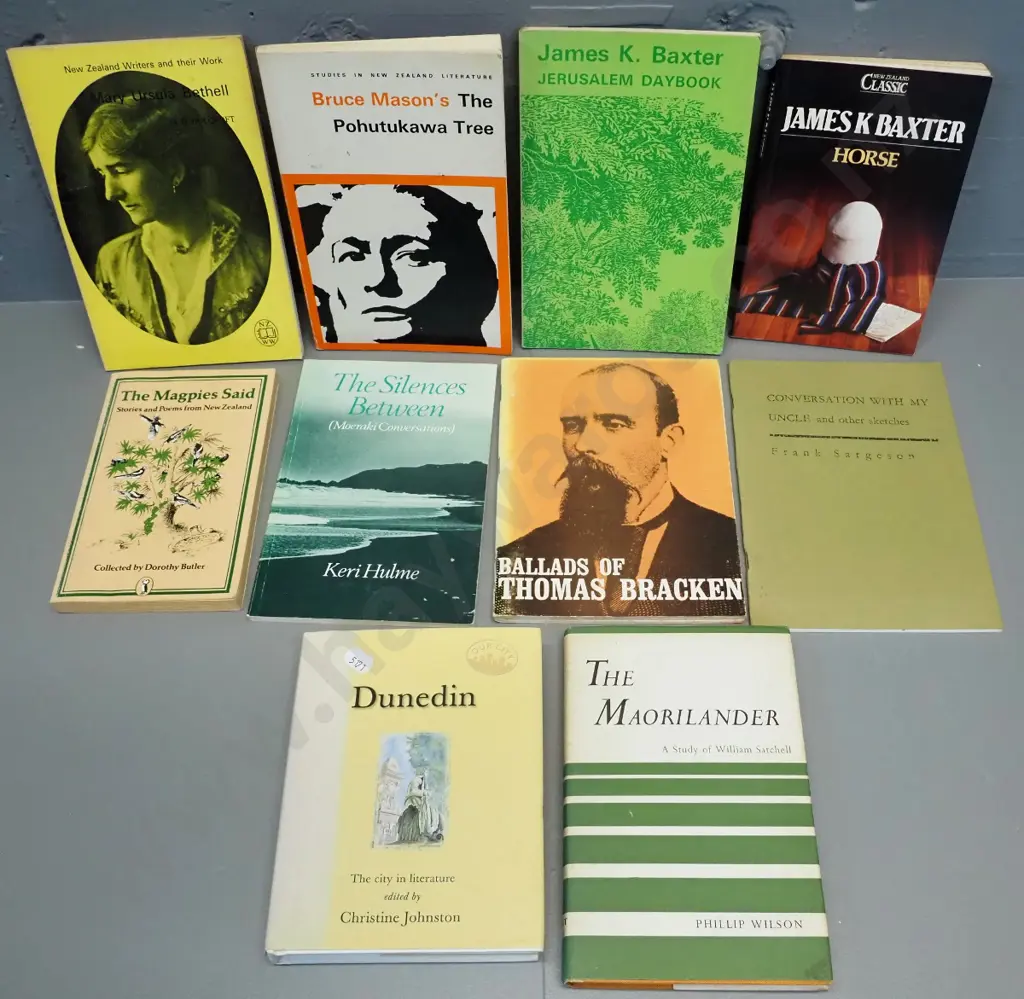 10 books: NZ literary soft-covers - Keri Hulme, James K Baxter, Thomas Bracken, Frank Sargeson etc. Image 1++
