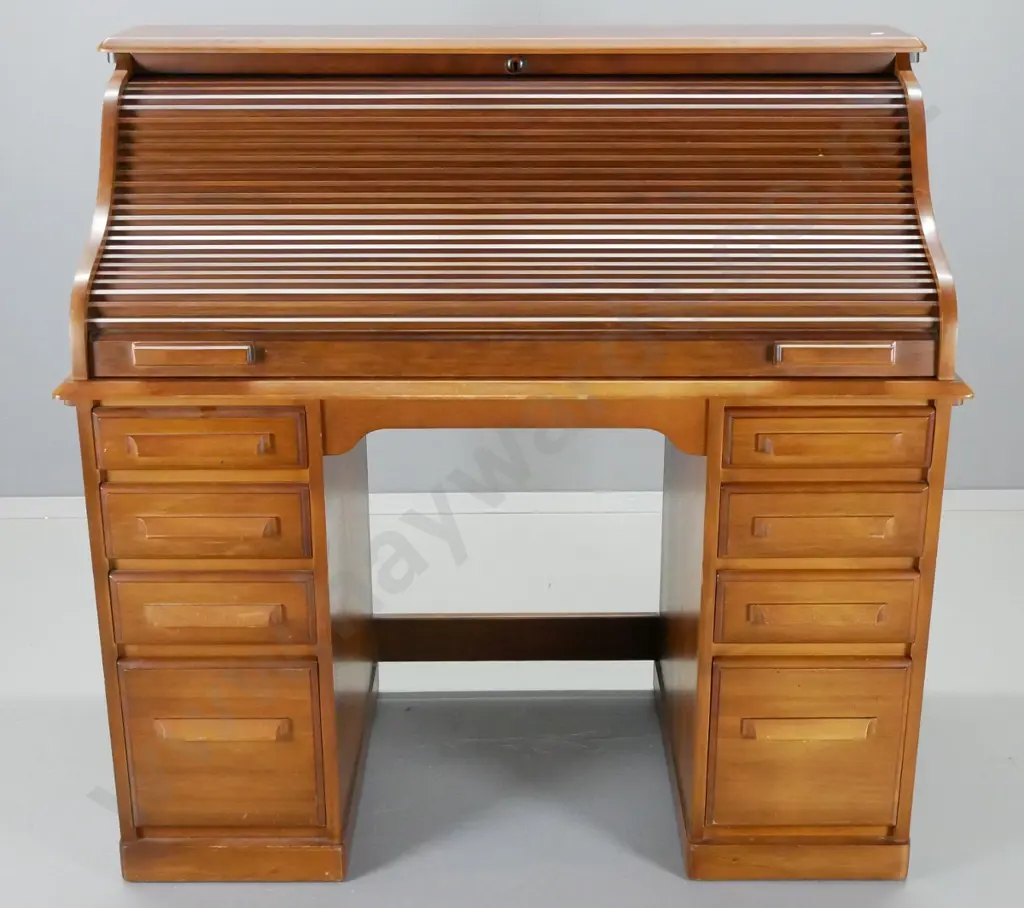mahogany traditional style double-pedestal 8-drawer roll-top desk, 2 interior drawers & cubbyholes H-1170 W-1190 D-640 Image 1++