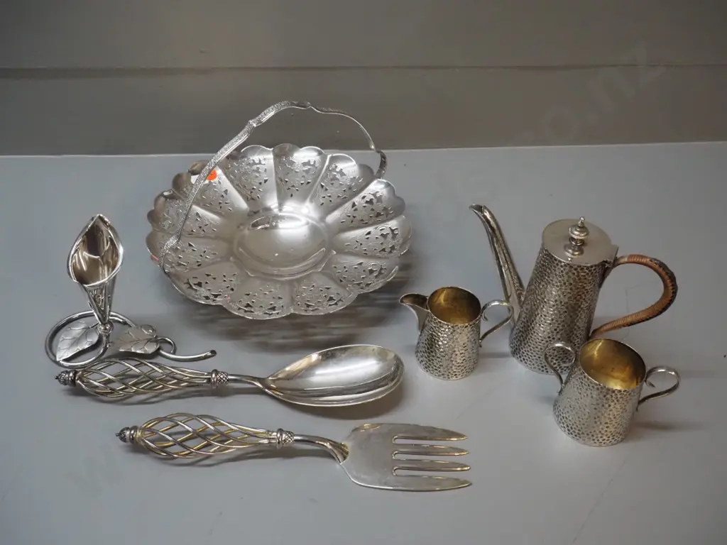 assorted silver-plated items - small hammered 3-piece coffee set, cake basket, vase, salad servers with twisted handles Image 1++