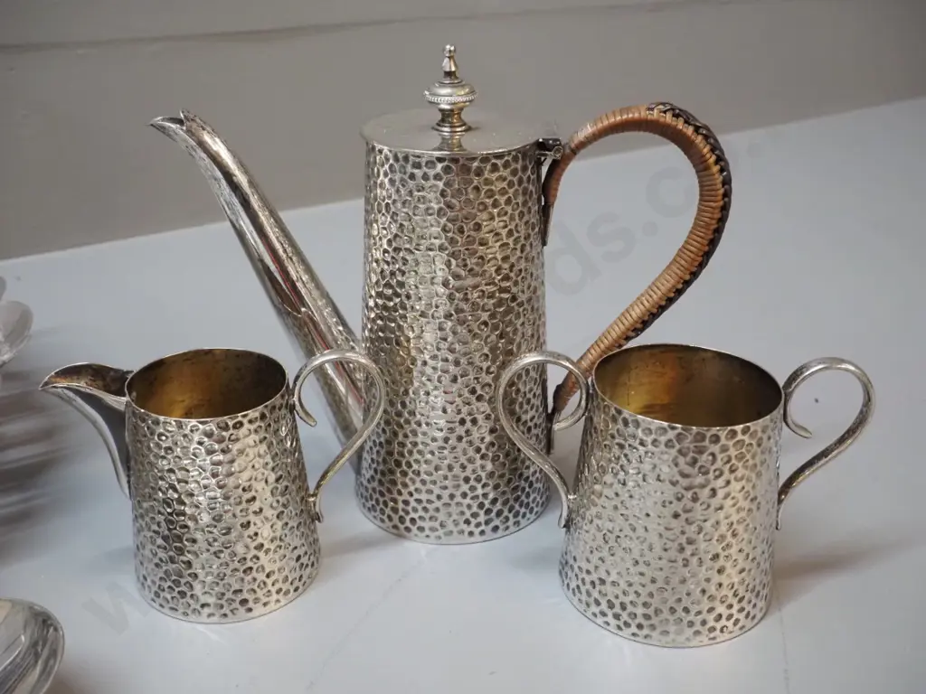 assorted silver-plated items - small hammered 3-piece coffee set, cake basket, vase, salad servers with twisted handles Image 1++