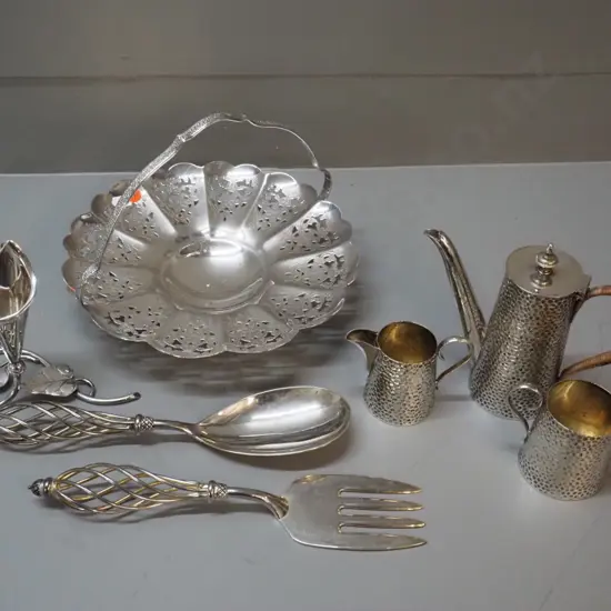 assorted silver-plated items - small hammered 3-piece coffee set, cake basket, vase, salad servers with twisted handles
