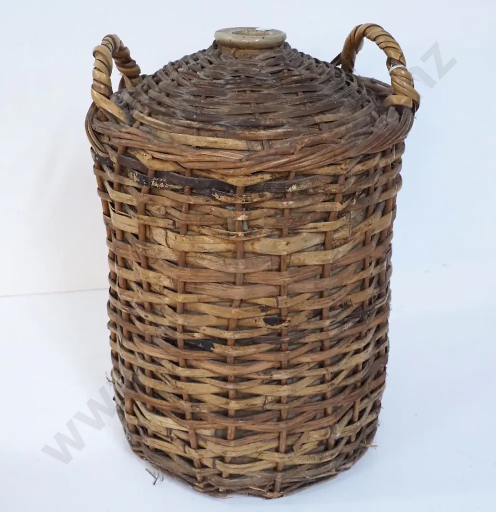 large stoneware crock in handled cane basket - no stopper H-530 D-300 Image 1++
