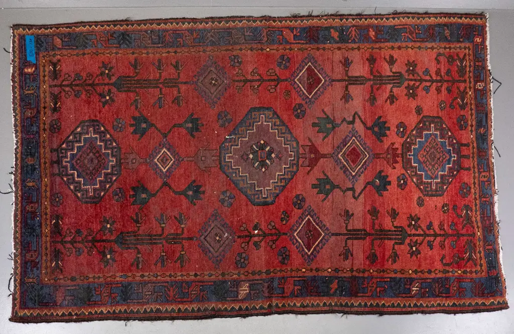 vintage hand-knotted wool floor rug - some areas of wear, fraying to edges L-2320 W-1470 Image 1++