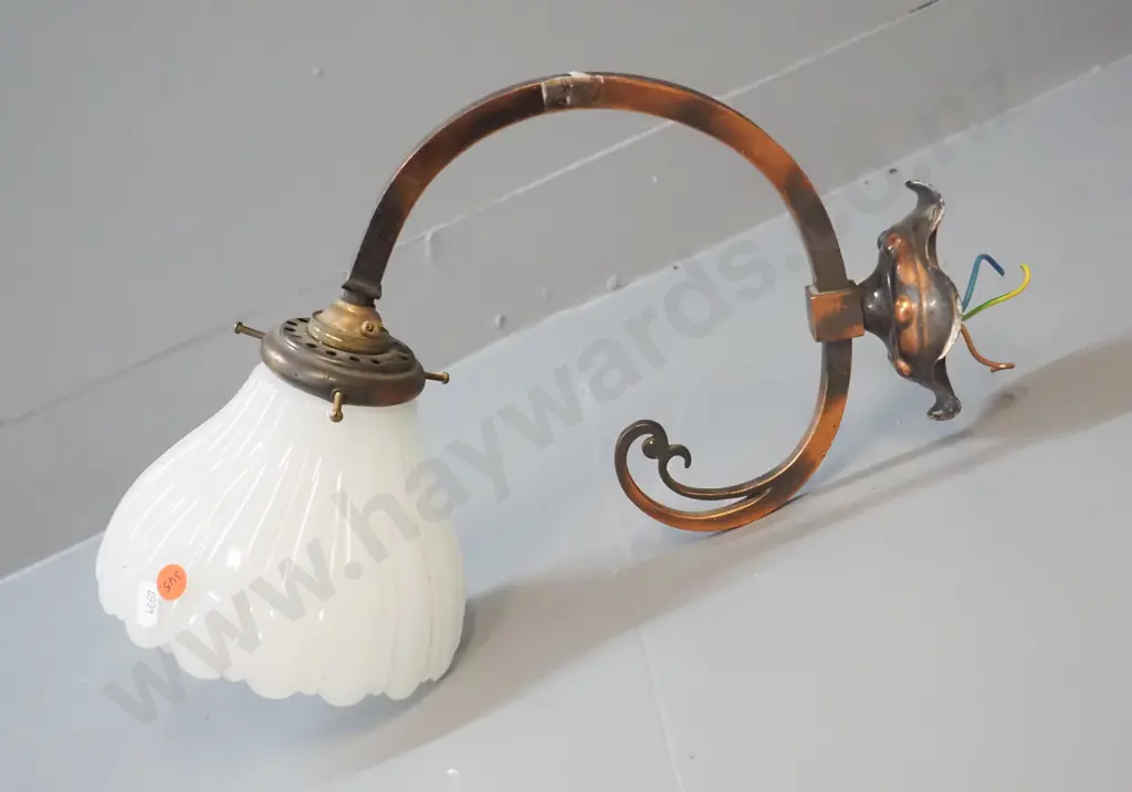 deco style copper wall-mount light fitting with milk glass shade H-250 Stands out 350 from wall Image 1++