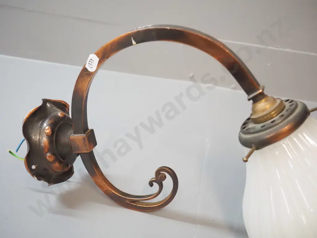 deco style copper wall-mount light fitting with milk glass shade H-250 Stands out 350 from wall Image 1++