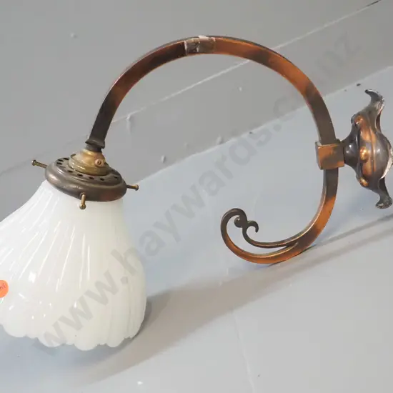 deco style copper wall-mount light fitting with milk glass shade H-250 Stands out 350 from wall