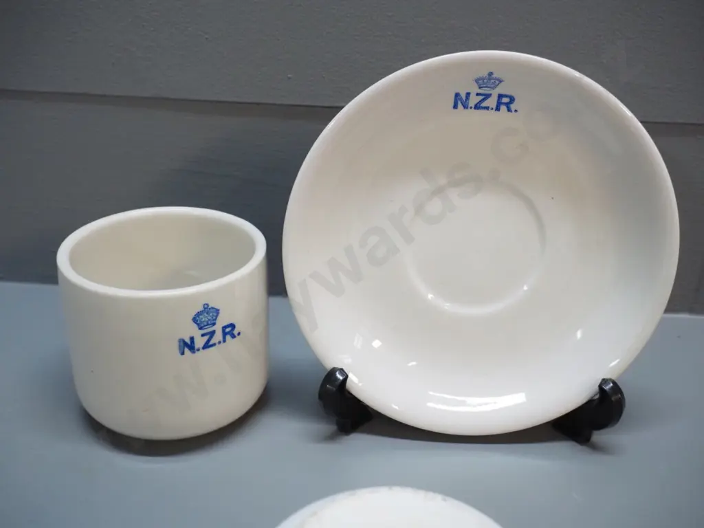 Crown Lynn NZR cup & saucer in good condition & 3 English NZR mugs marked Maddock, each with fault or repair Image 1++