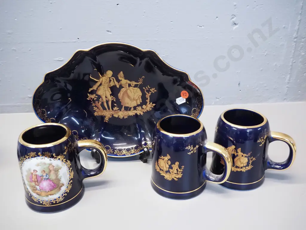 4 pieces of cobalt and gold Limoges china - dish L-280 W-210 and 3 mugs, one with romance scene Image 1++