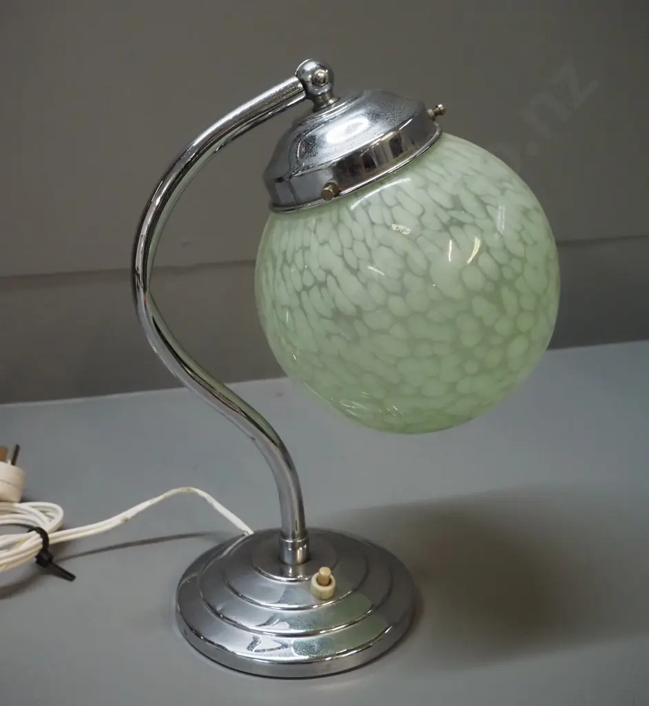 deco chrome table lamp with mottled green globe shade - some pitting & a small dent in base H-290 Shade D-150 Image 1++