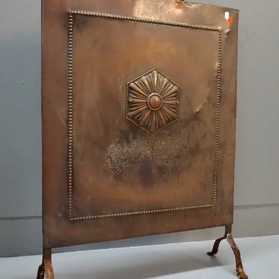 art deco copper fire guard with iron feet - some corrosion H-715 W-480