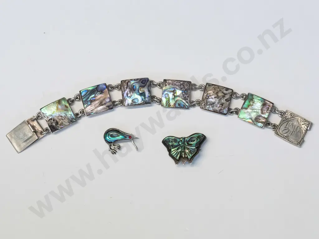silver paua shell bracelet, paua shell butterfly brooch & paua shell kiwi brooch all stamped stgsil Image 1++