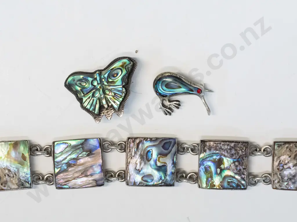 silver paua shell bracelet, paua shell butterfly brooch & paua shell kiwi brooch all stamped stgsil Image 1++