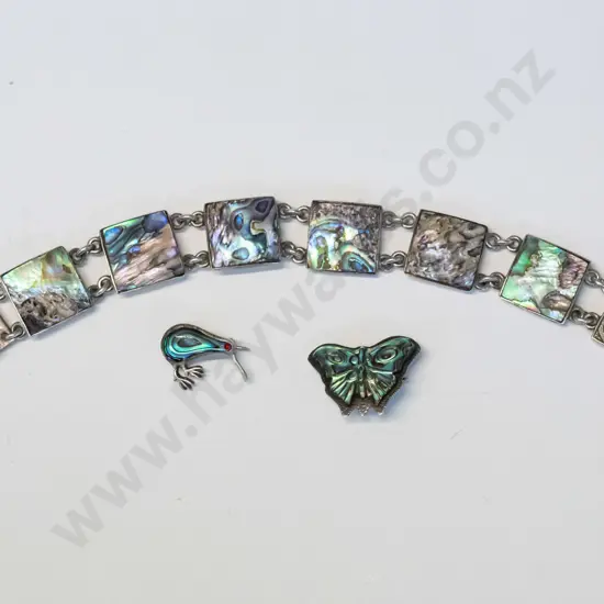 silver paua shell bracelet, paua shell butterfly brooch & paua shell kiwi brooch all stamped stgsil