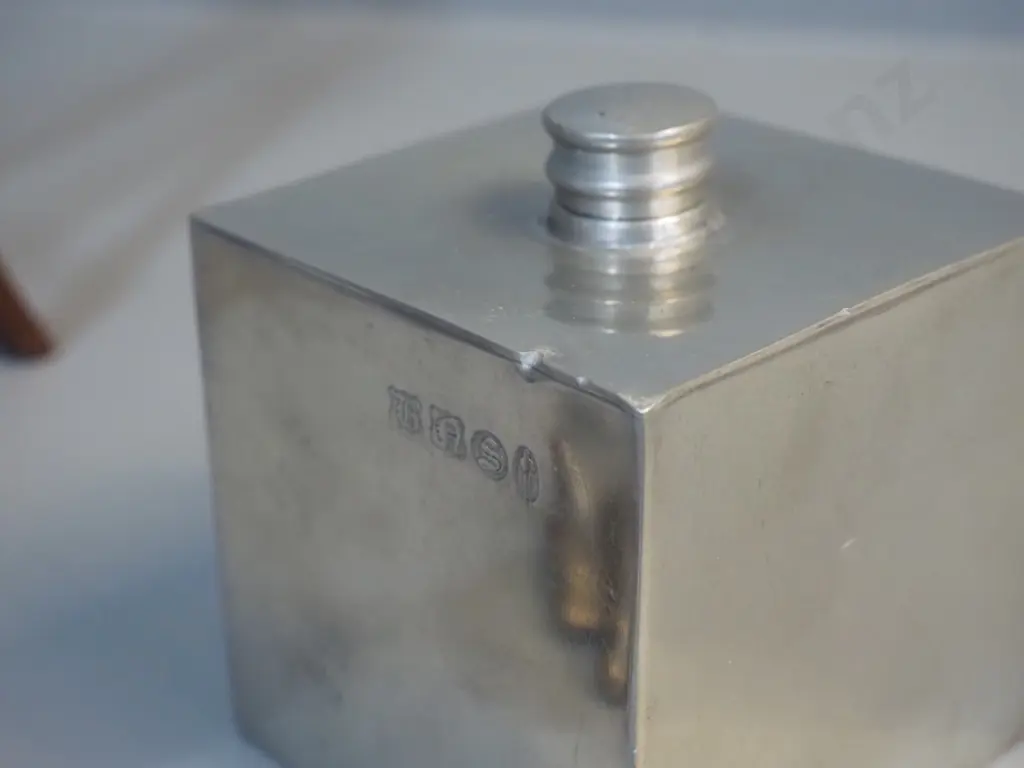 2 English pewter containers - dents to cube-shaped one, a brass hand door knocker, & miniature timber step-ladder H300 Image 1++