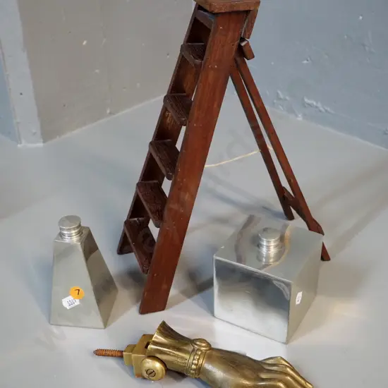 2 English pewter containers - dents to cube-shaped one, a brass hand door knocker, & miniature timber step-ladder H300