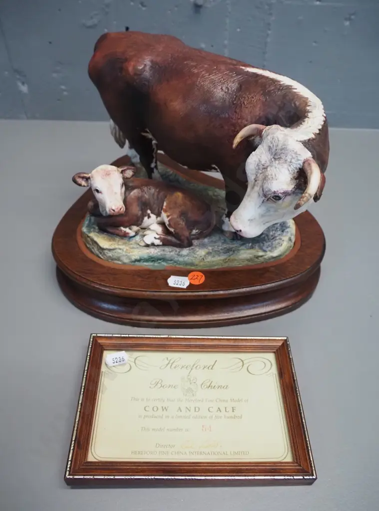 Hereford NZ hand-painted cow and calf figurine on fitted wooden base, H230 L260, with certificate and a framed photo Image 1++