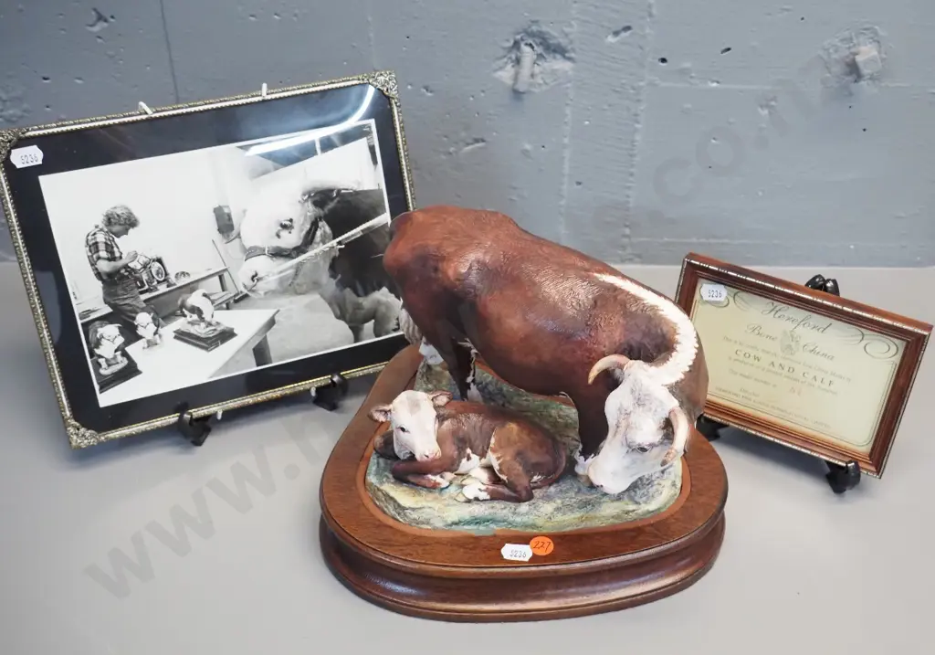 Hereford NZ hand-painted cow and calf figurine on fitted wooden base, H230 L260, with certificate and a framed photo Image 1++