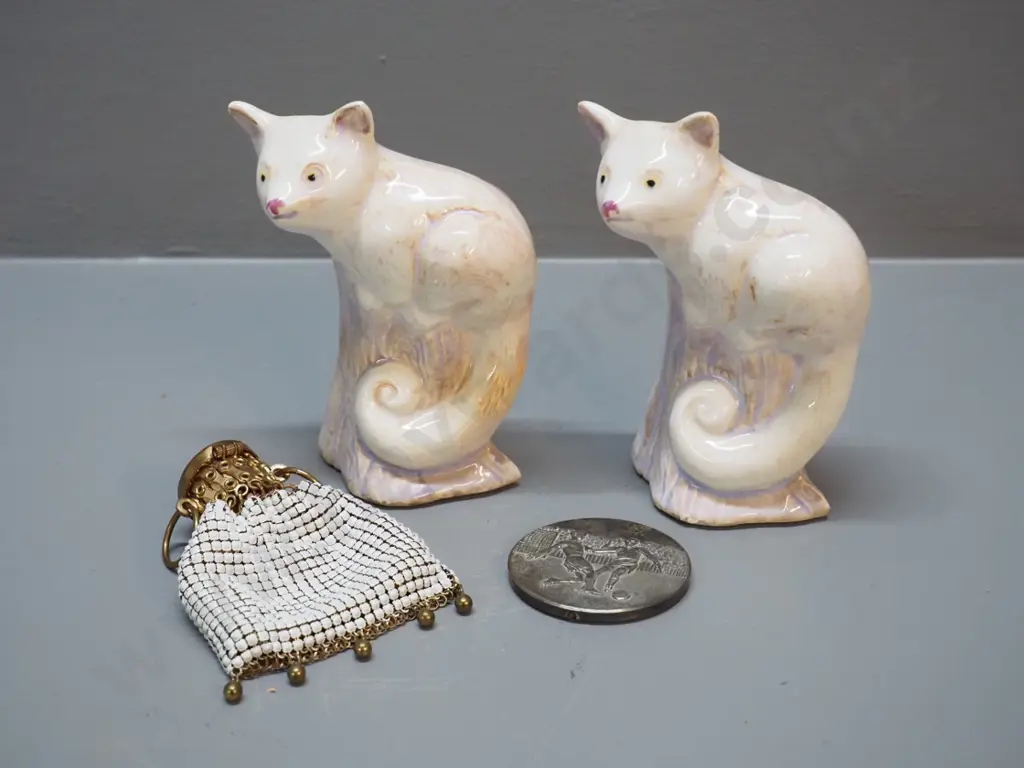 Whiting & Davis USA expanding mesh purse, pair of china possum salt / peppers H-120 and a football medallion Image 1++