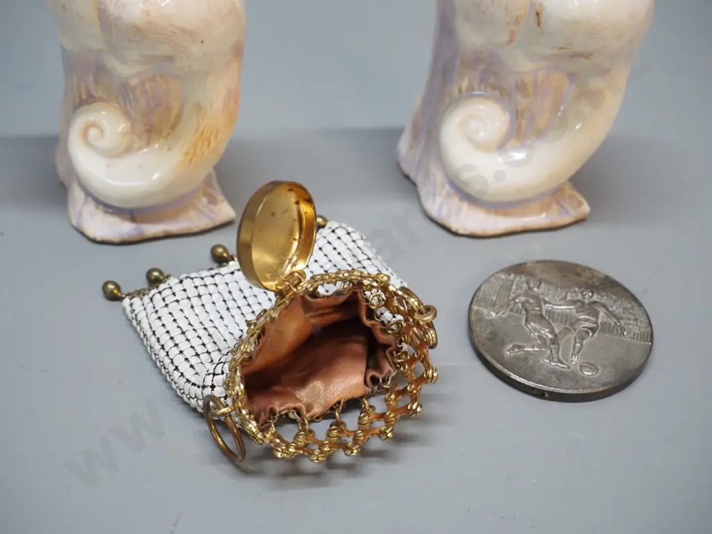 Whiting & Davis USA expanding mesh purse, pair of china possum salt / peppers H-120 and a football medallion Image 1++